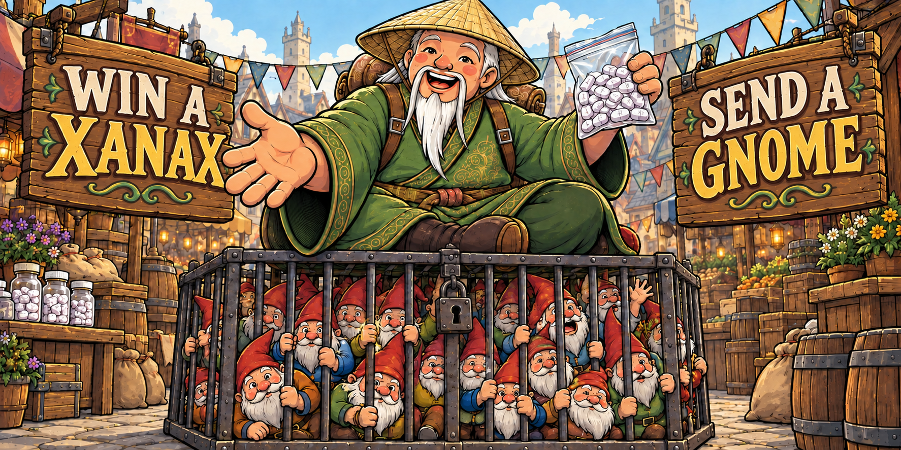 The Beanstalk Exchange giant offering raffle entries beside a cage of gnomes